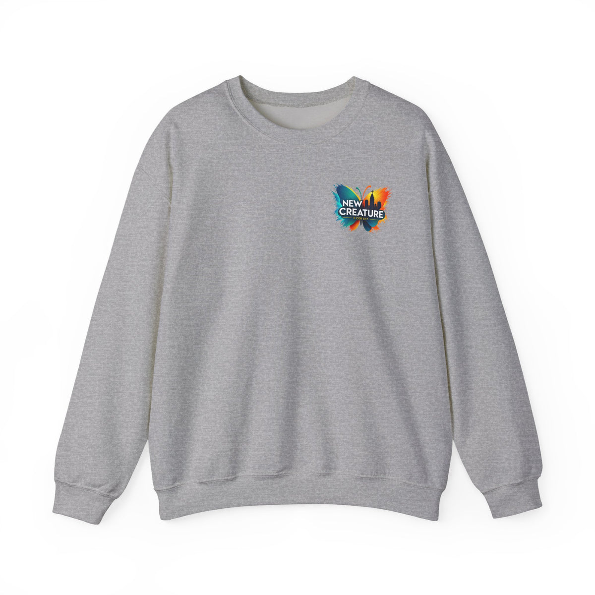Crewneck Sweatshirt — New Creatures Colorful Butterfly Chest Logo