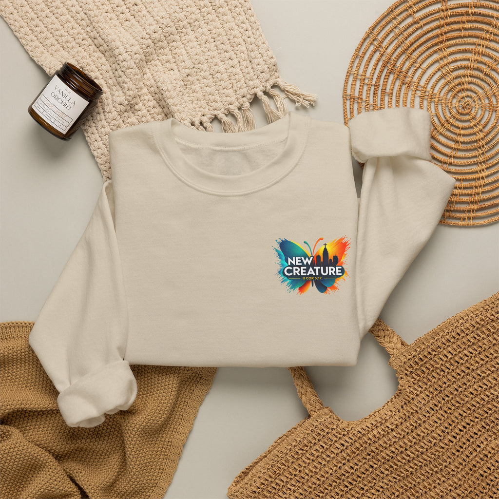 Crewneck Sweatshirt — New Creatures Colorful Butterfly Chest Logo