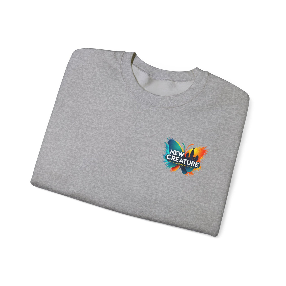 Crewneck Sweatshirt — New Creatures Colorful Butterfly Chest Logo