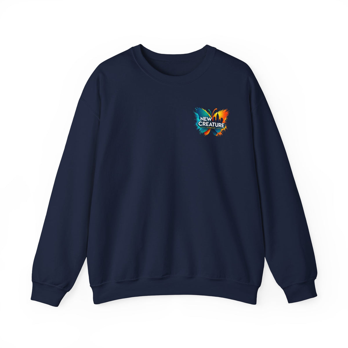Crewneck Sweatshirt — New Creatures Colorful Butterfly Chest Logo