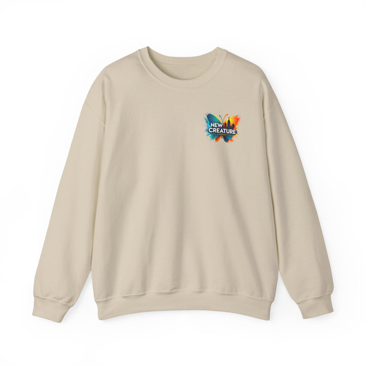 Crewneck Sweatshirt — New Creatures Colorful Butterfly Chest Logo