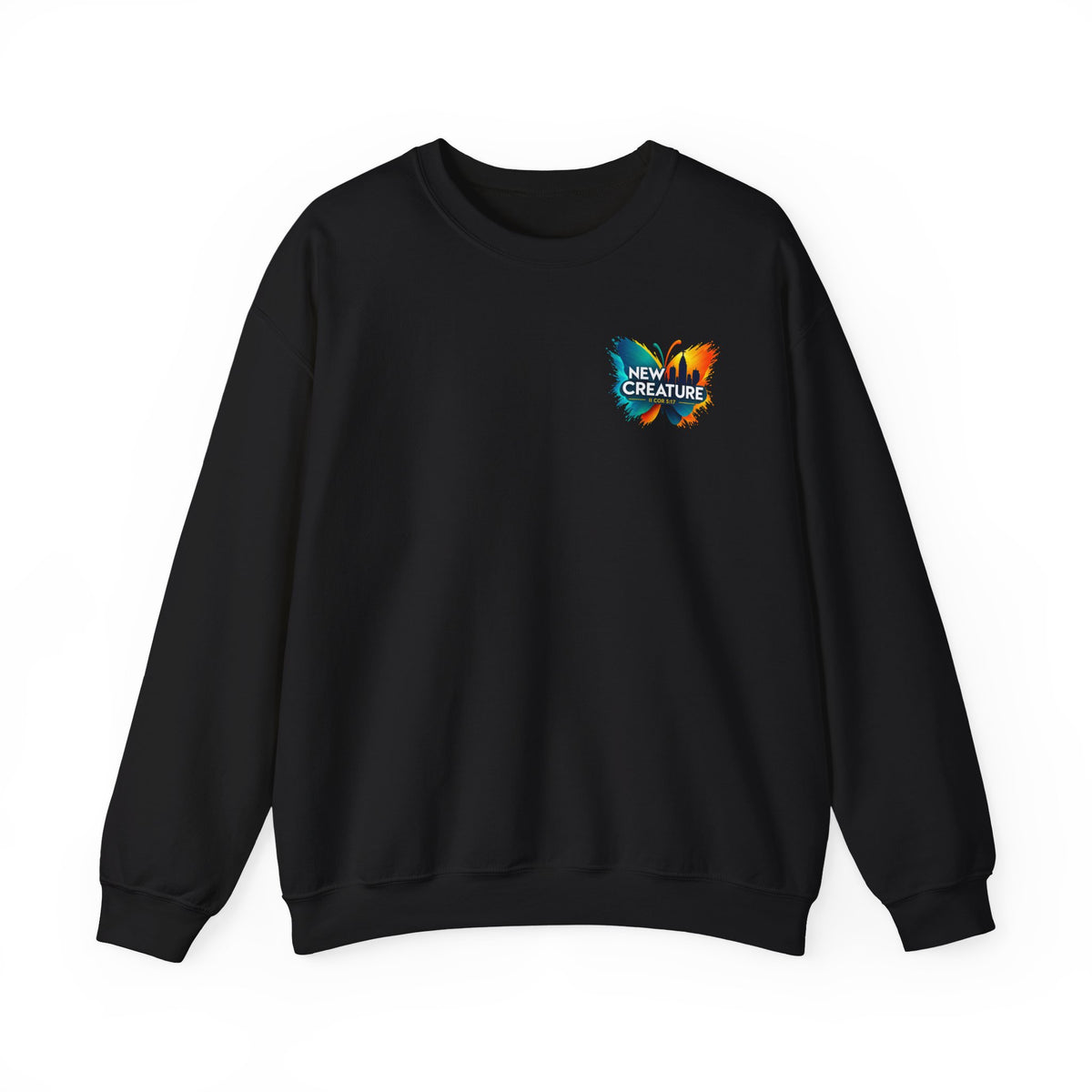 Crewneck Sweatshirt — New Creatures Colorful Butterfly Chest Logo