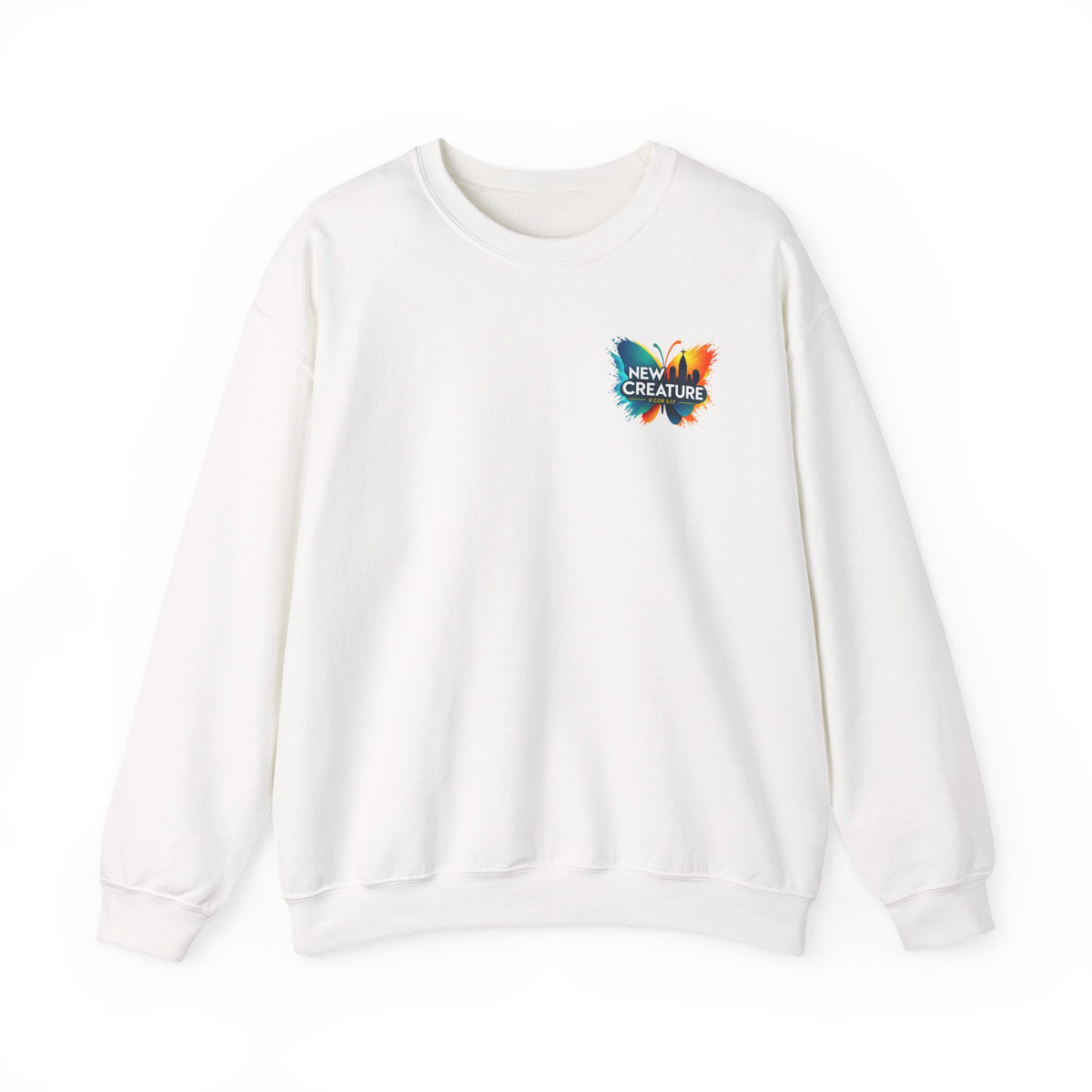 Crewneck Sweatshirt — New Creatures Colorful Butterfly Chest Logo