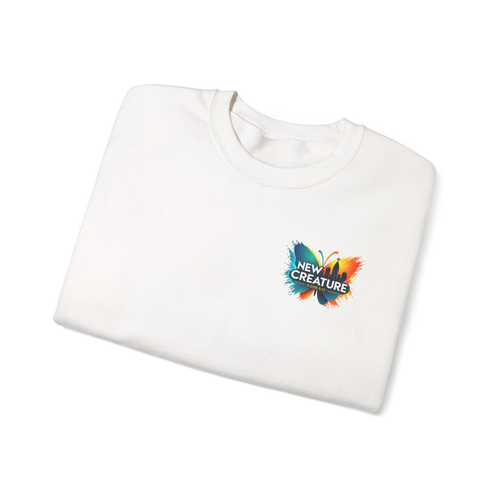 Crewneck Sweatshirt — New Creatures Colorful Butterfly Chest Logo