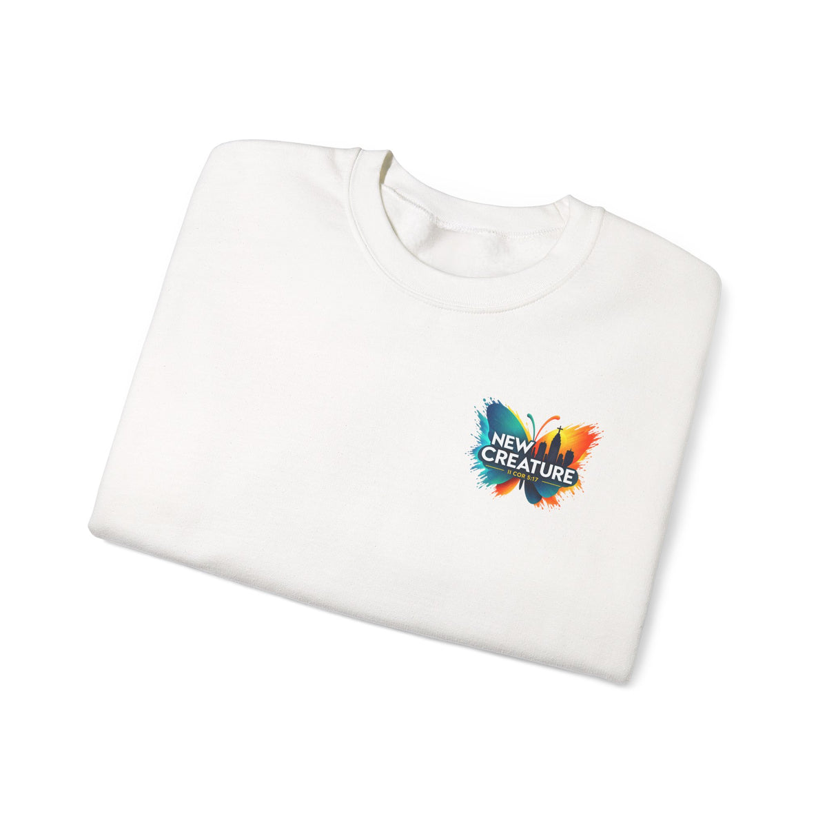 Crewneck Sweatshirt — New Creatures Colorful Butterfly Chest Logo