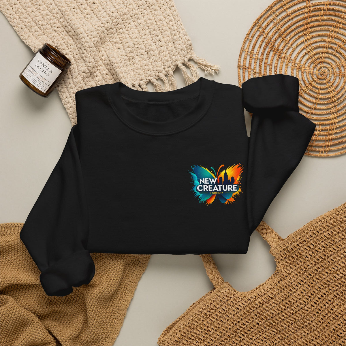 Crewneck Sweatshirt — New Creatures Colorful Butterfly Chest Logo