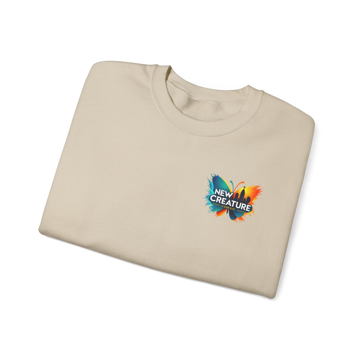 Crewneck Sweatshirt — New Creatures Colorful Butterfly Chest Logo