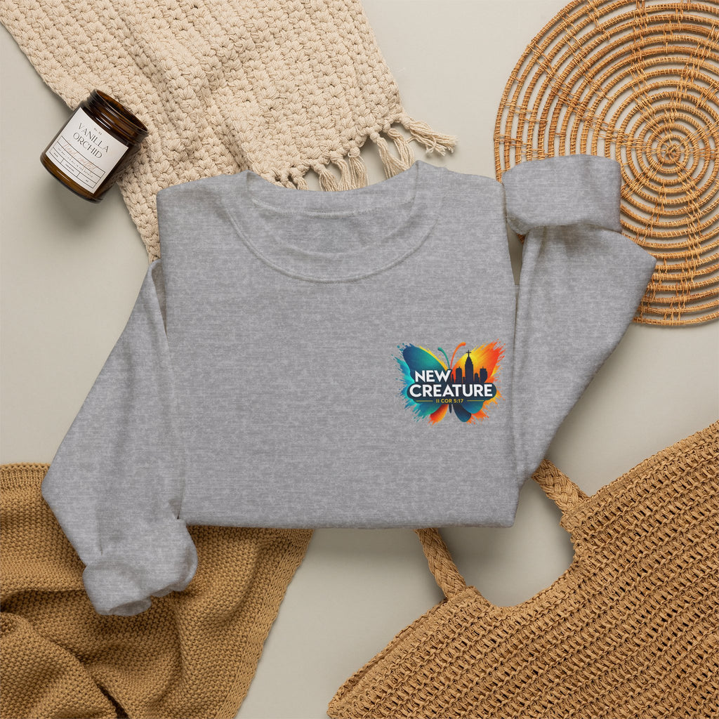 Crewneck Sweatshirt — New Creatures Colorful Butterfly Chest Logo
