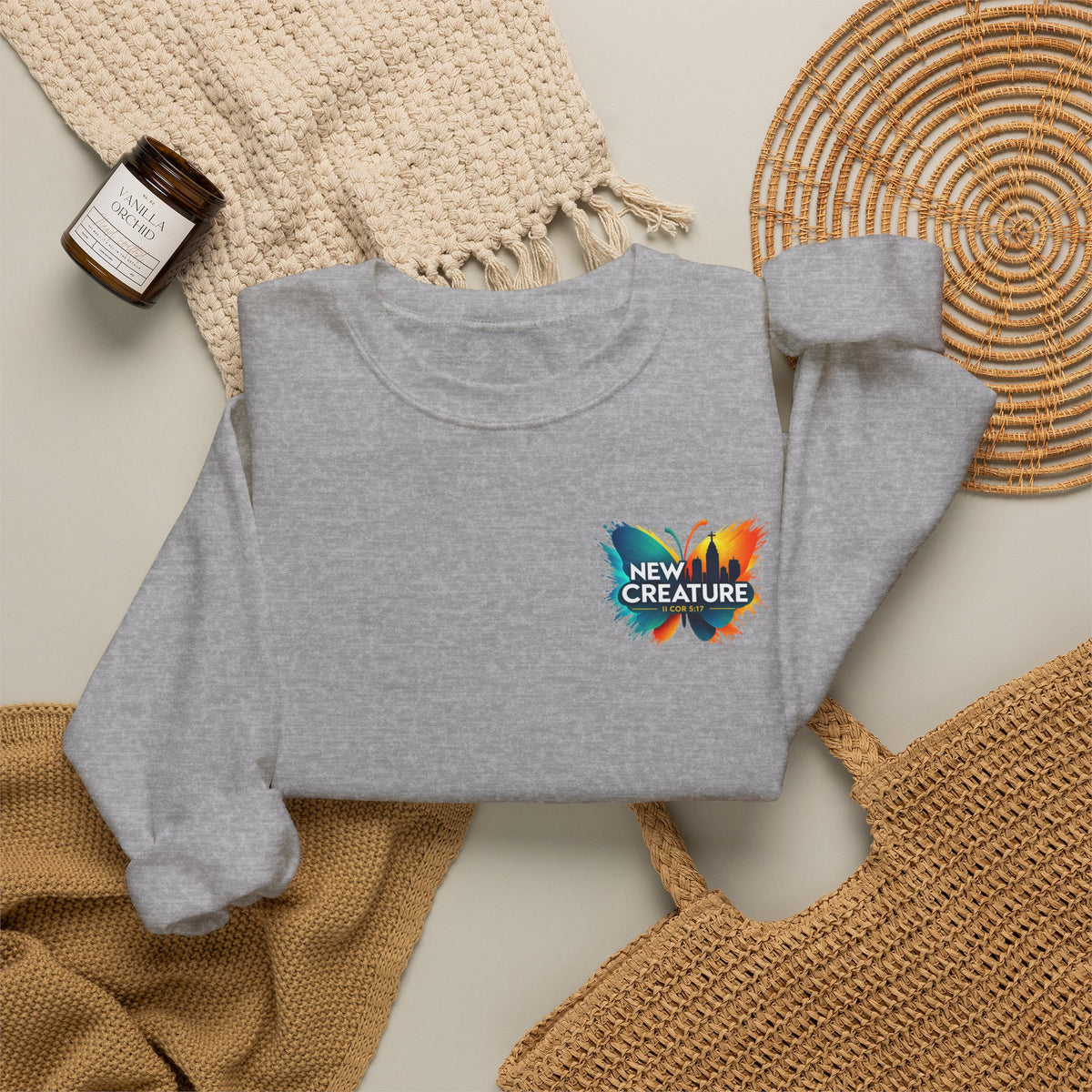 Crewneck Sweatshirt — New Creatures Colorful Butterfly Chest Logo