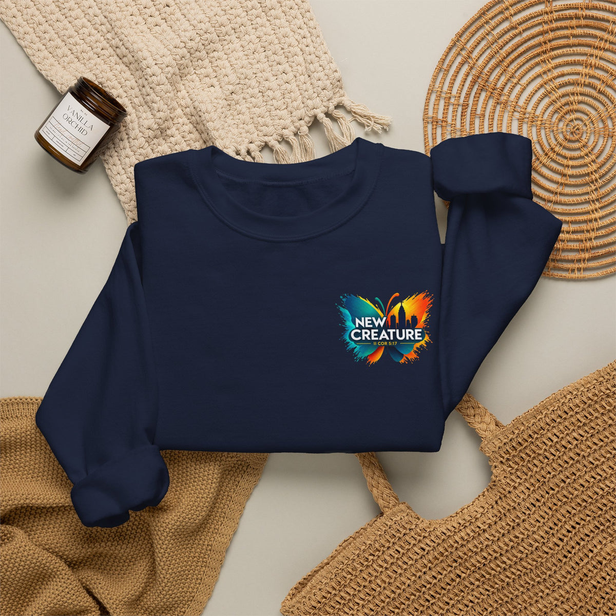 Crewneck Sweatshirt — New Creatures Colorful Butterfly Chest Logo