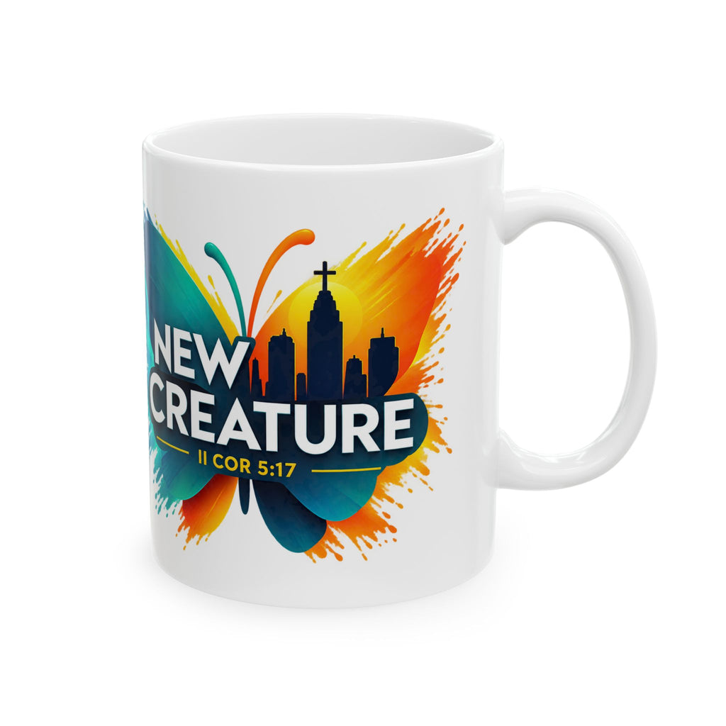 New Creature Butterfly Ceramic Mug — Colorful Inspirational Coffee Cup (11oz & 15oz)