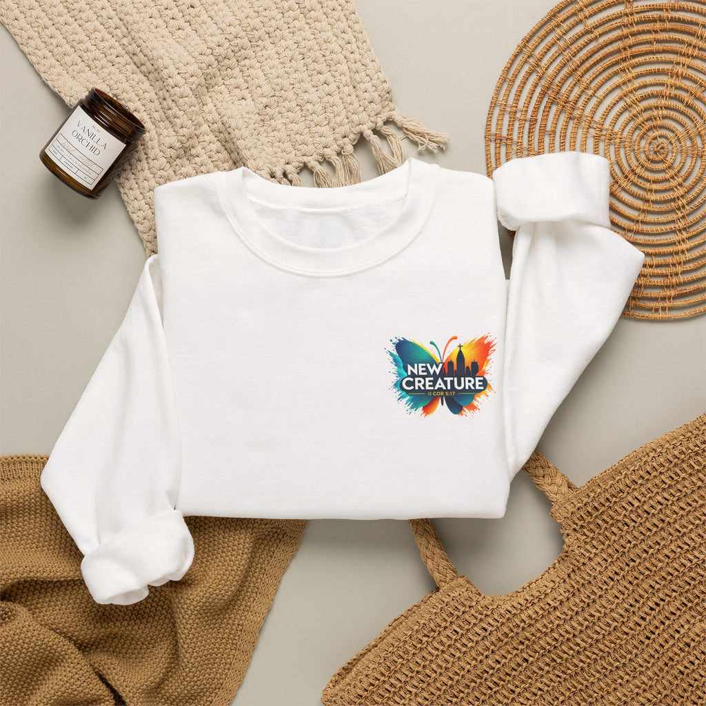 Crewneck Sweatshirt — New Creatures Colorful Butterfly Chest Logo